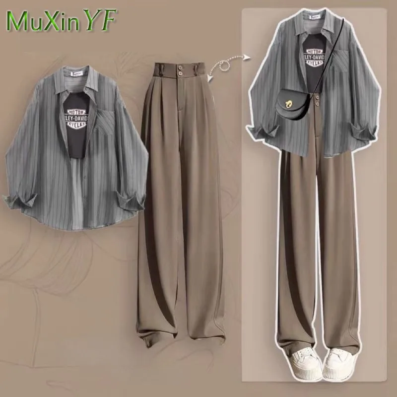 Women's Summer New Casual Matching Set Korean Loose Striped Shirt+Letter Print Vest+Suit Pants Three Piece Female Clothing Suit