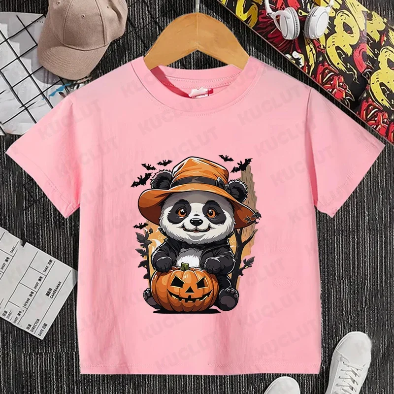 Spooky Panda Pumpkin Designer Child T-Shirt Girls Boys Clothing Halloween Party Harajuku Tshirt Kids Short Sleeve Y2k Tops