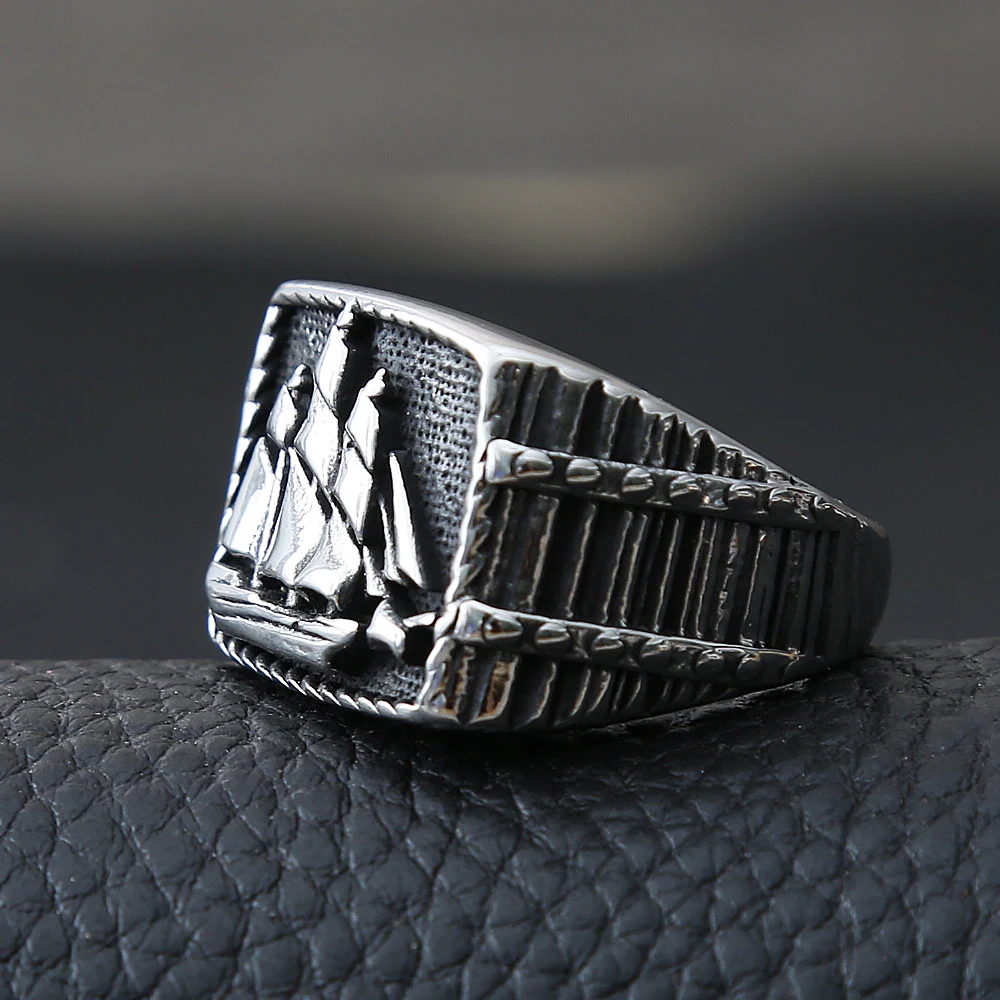 Vintage Viking Pirate Sailboat Ring Men Biker Ring Stainless Steel Viking Ring Sailor Lucky Amulet Jewelry Gift Size 7-15