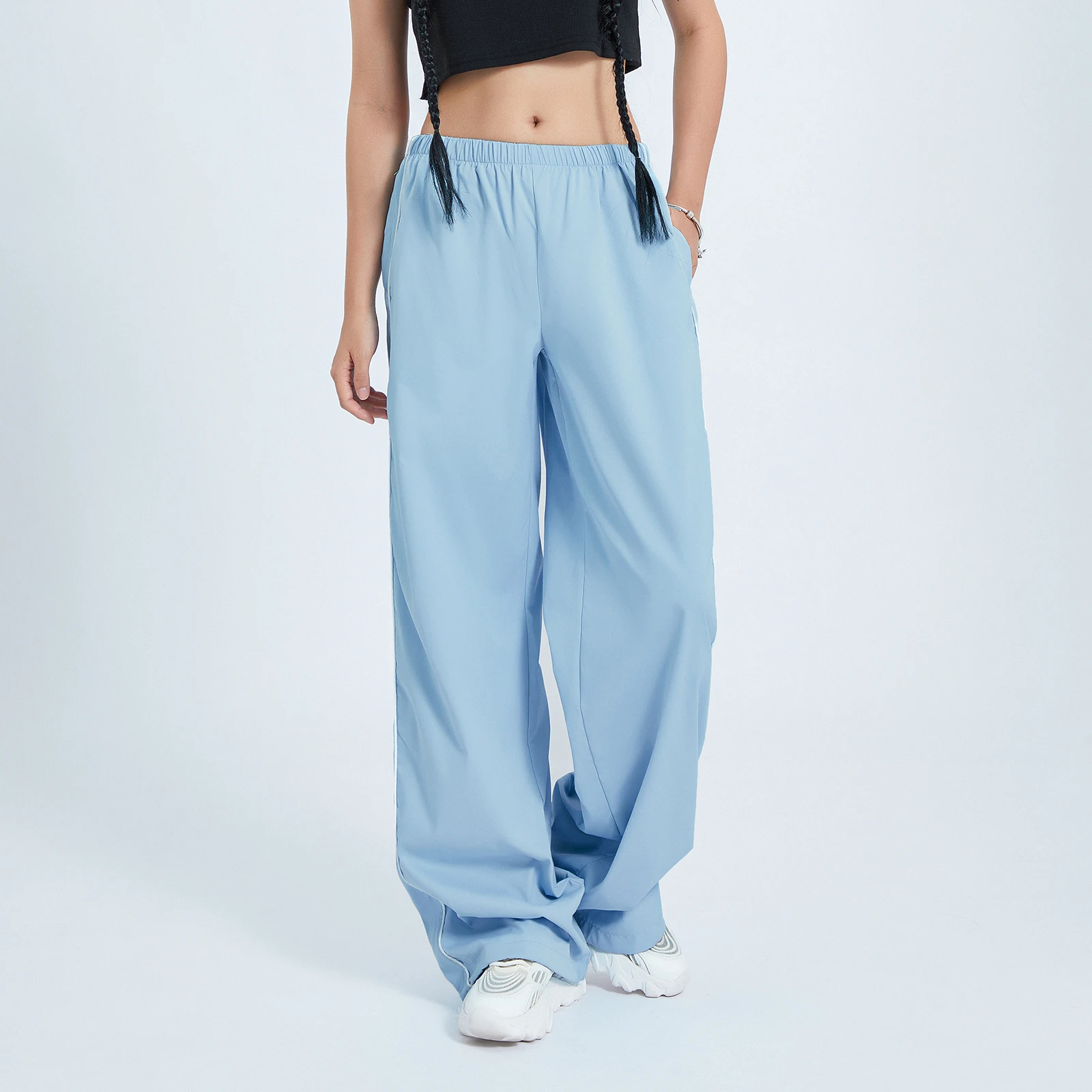 

Women Summer Solid Color Loose Cargo Pants Casual Elastic Waist Wide Leg Joggers Trousers with Pockets for Streetwear