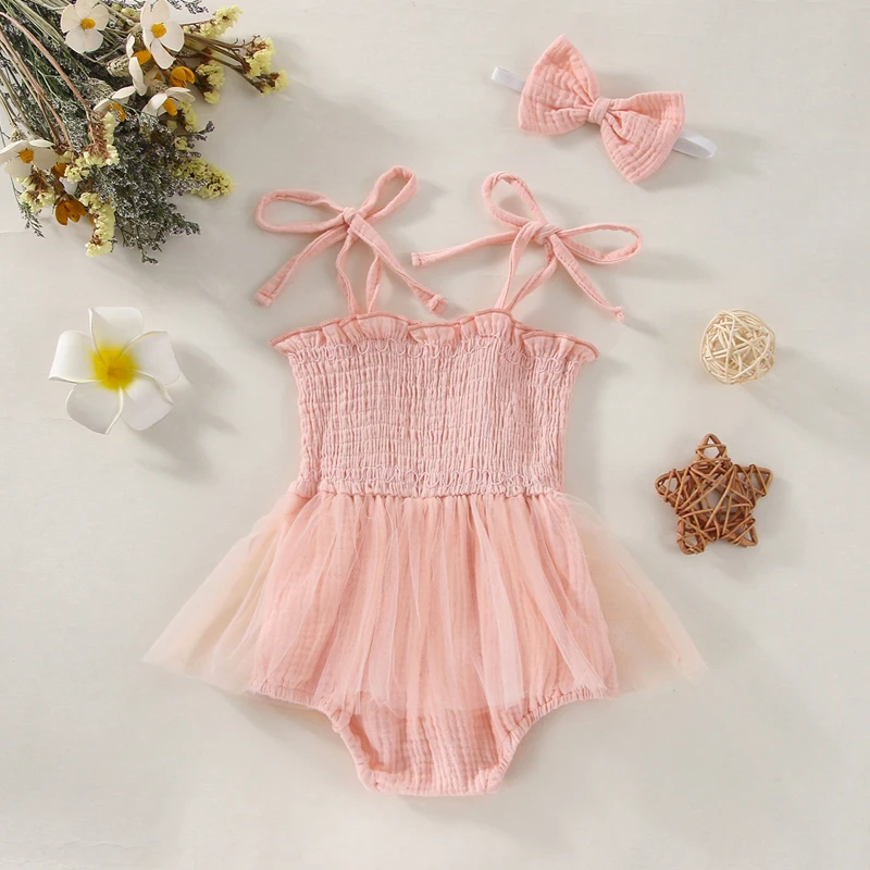 Suefunskry Infant Baby Girls Floral Embroidery Bodysuit Tie-up Spaghetti Strap Off-shoulder Skirt Hem Romper Dress and Headband