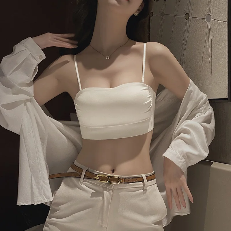 Chic Strap Vest Women Summer Integrated Inner Wear Chest Pad Beautiful Back Bra Base Tank Top Elegant Short Style Commute