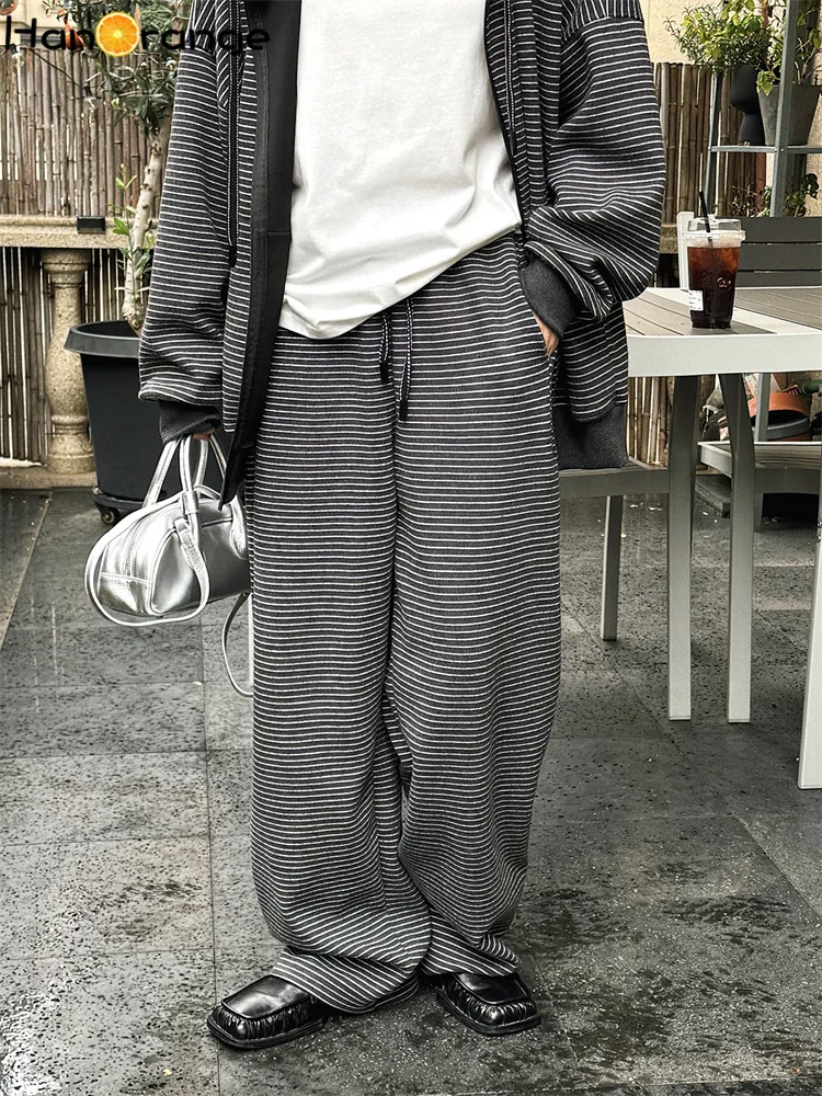 HanOrange 2026 Spring Retro Stripe Drawstring Elastic Straight Leg Pants Women Loose Silhouette Trousers Off White/Carbon Gray