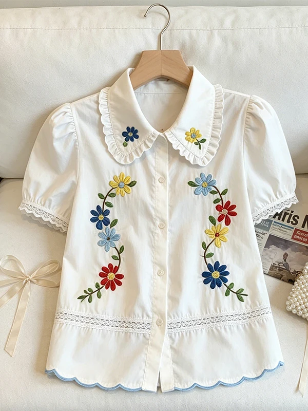

Retro Style Embroidered Doll Collar Shirt plus Size Summer Fashionable Versatile Slimming Top for Young Women Skin-Friendly B...