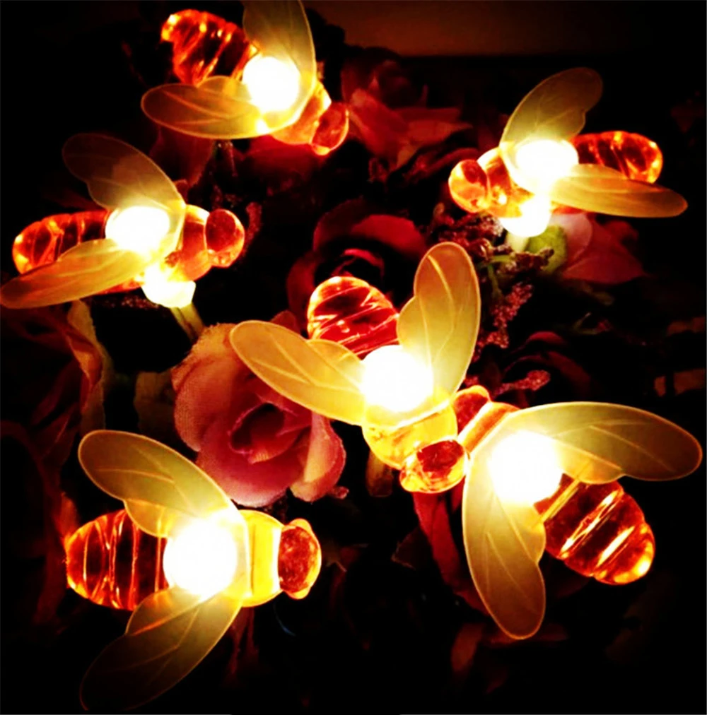 Guirnalda de luces LED en forma de abeja, 20LED, 30LED, 40LED, funciona con pilas, guirnaldas de Navidad, luces de hadas para vacaciones, fiesta, decoración de jardín