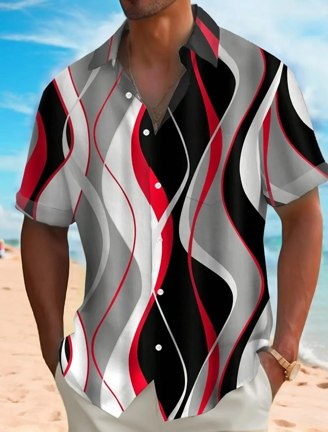 2025 Summer Men's  Geometric Waves Abstract Art Shirts Short SleeveTurndown Hawaiian Shirt Button Up Shirts No Pockets Shirts