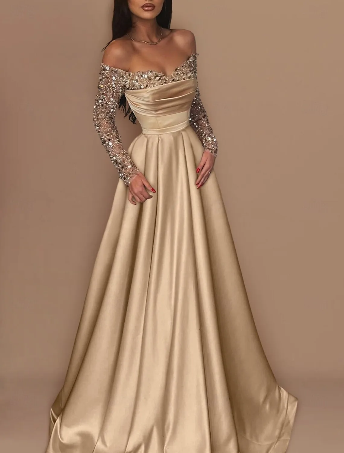 

Off the Shoulder Champagne Prom Dresses Sequined Long Sleeves A-Line Evening Dresses Satin robe de soiree Party Forml Gown