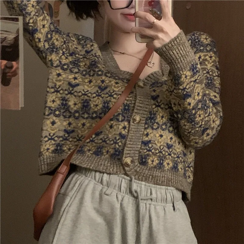Autumn Sexy Retro Square Floral Cropped Cardigan Knitted Top Slim Pull Femme Jumpers Single-breasted Jacquard Sweater Coat