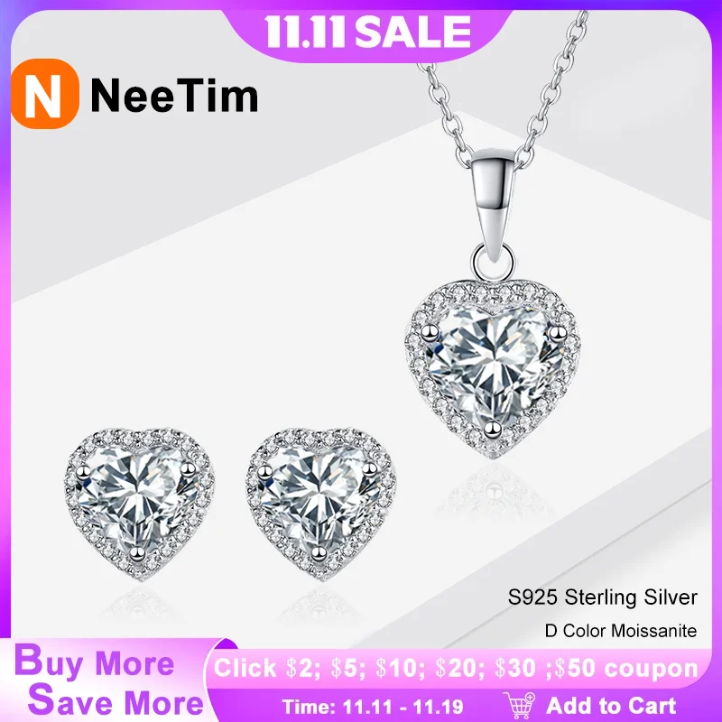 

NeeTim 1ct D Color Heart Moissanite Jewelry Set 925 Silver with 18k Gold Plated Pendant Necklace Stud Earrings Sets for Women