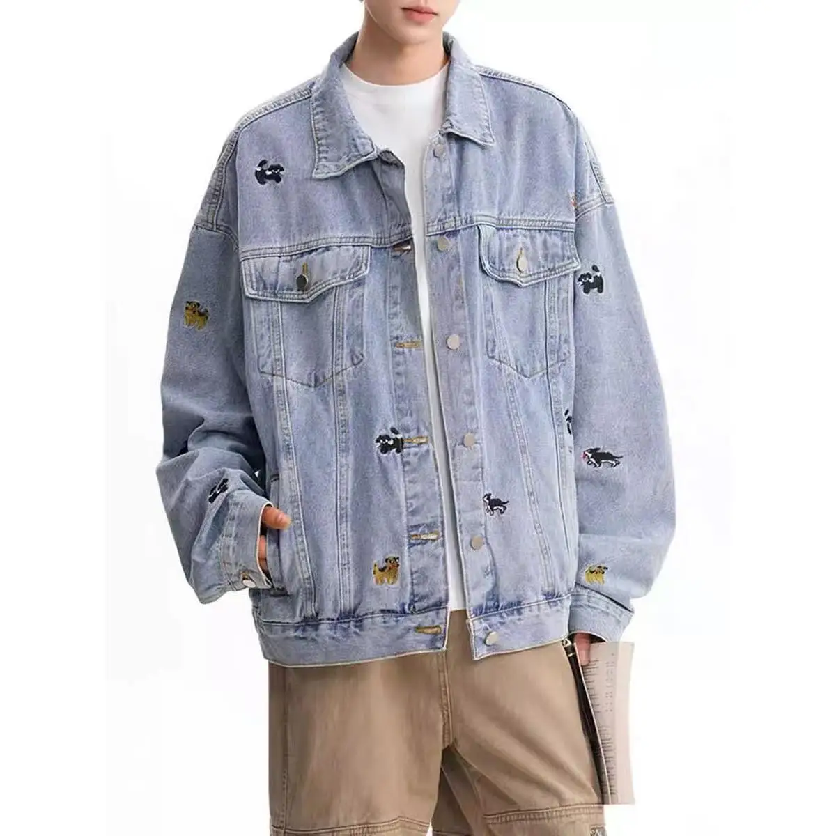 

Свободное женское джинсовое джинсовое пальто с милой собакой и вышивкой, повседневное джинсовое пальто небольшого размера, осенний сезон, модная верхняя одежда