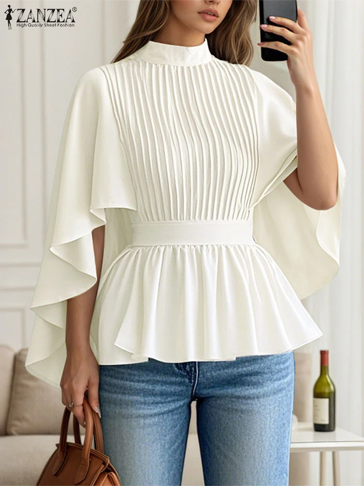 ZANZEA Fashion Blouse Women 3/4 Sleeve Ruffled Tops 2025 Autumn Stand Collar Pleated Elegant Office Lady Shirts Korean Solid Top