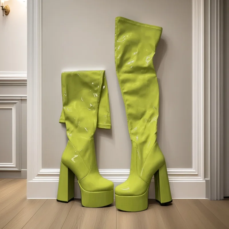 Glistening Patent Leather Thigh-High Platform Boots for Women Sexy Solid Color High Heel Nightclub Shoes, Stylish Elegant Design