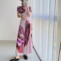 ALSEY Miyake Pleated Floral Print Thin Two-piece Women's Long Sleeve Top Summer Fall New Elegant T-shirt+Casual Half Skirt Suit