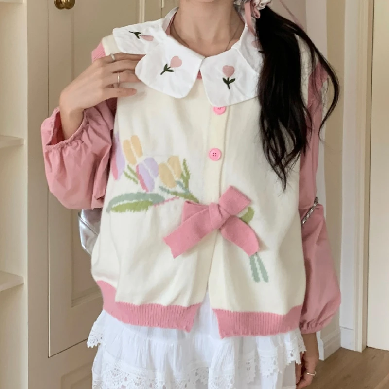 Japanese Kawaii Sweater Vest Tulip Flower Print Sleeveless Casual Knitted Waistcoat 2023 Retro Y2K Cropped Bandage Vests JK Tops