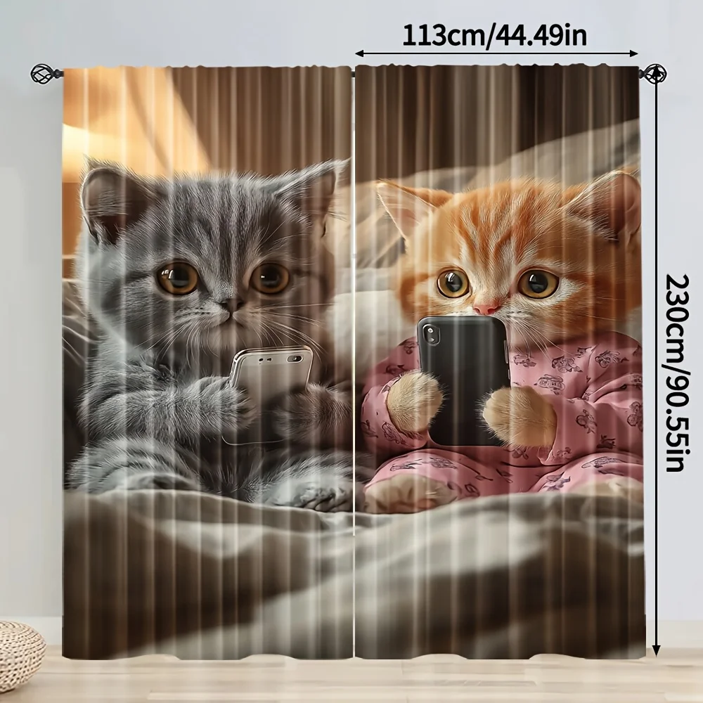 

Набор из 2 штор для окна с милыми котятами, фотографирующими себя, реалистичные котята, держащие телефоны, для уютной спальни в современном стиле. Без карниза.