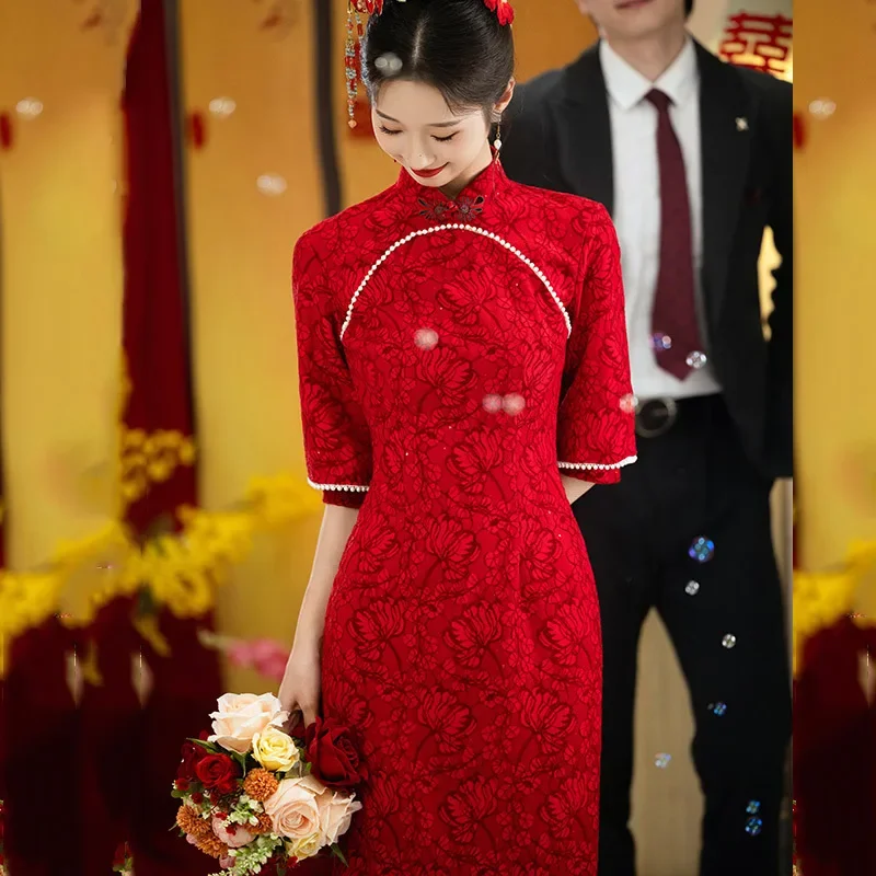 

Красное платье русалки, улучшенное Cheongsam 2024, новый стиль, китайское свадебное платье в стиле ретро с длинными рукавами Qipao