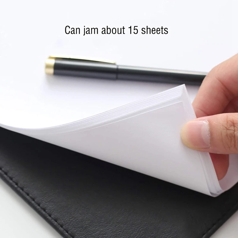 แฟ้มหนัง PU ตั้งโต๊ะสำหรับประชุม A4คลิปบอร์ดสำนักงานแฟ้มสีดำพร้อมปากกาปิดผมขาวทนทาน2ชิ้น