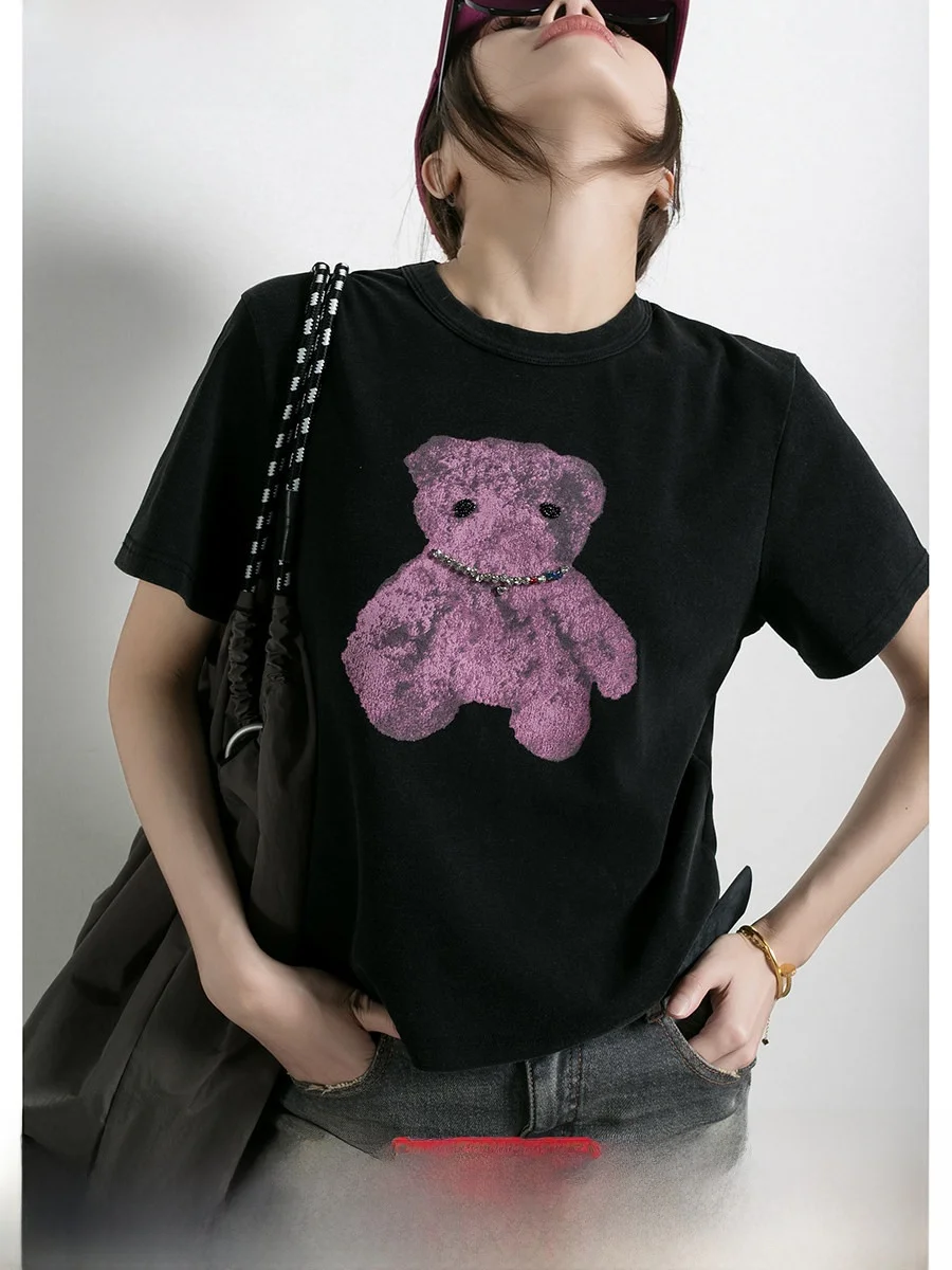 

Модная женская футболка с принтом медведя, с коротким рукавом, с богатой отделкой, винтажная, черная, летняя новинка