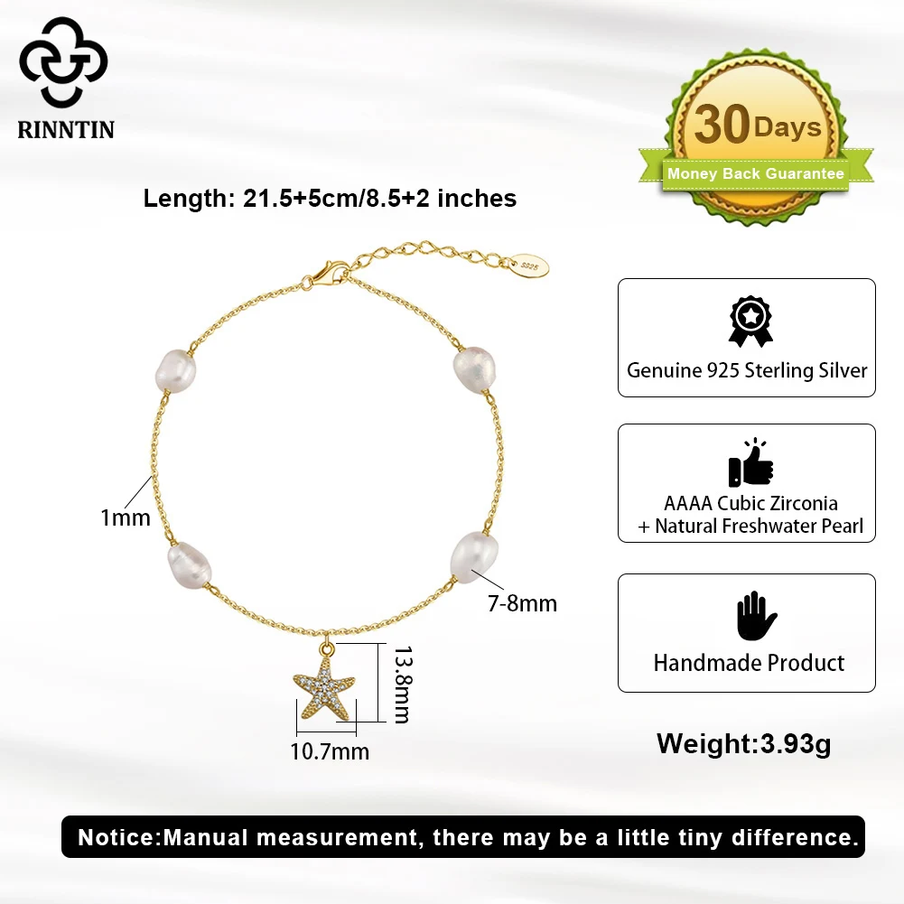 Rinntin Genuine 925 Sterling Silver Natural Pearls Chain Anklets for Women with Cute Starfish Ankle Straps Jewelry SA74
