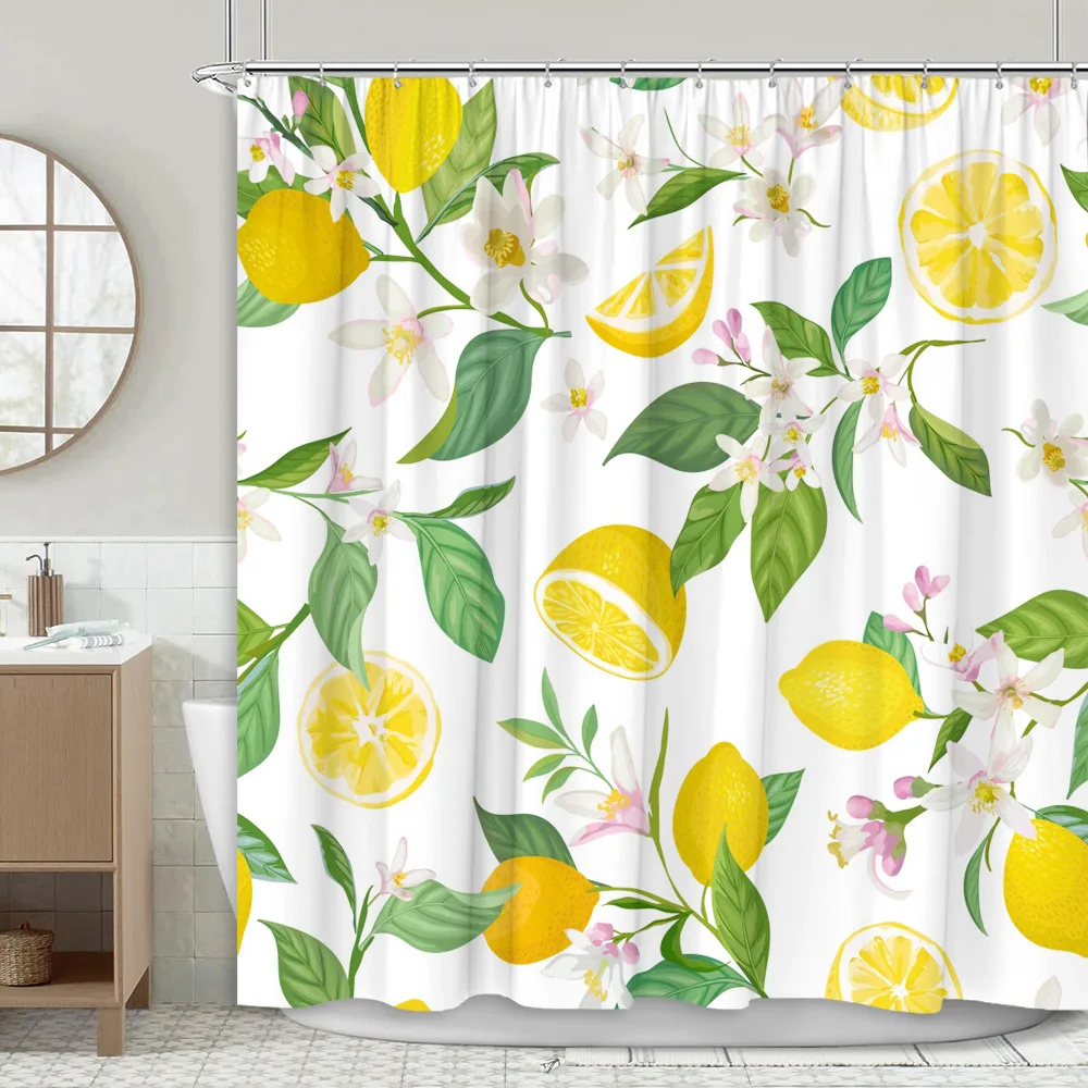 Cartoon Fruit Shower Curtain Botanical Leaf Summer Lemon Peach Orange Strawberry Home Polyester Fabric Bathroom Decor Curtains