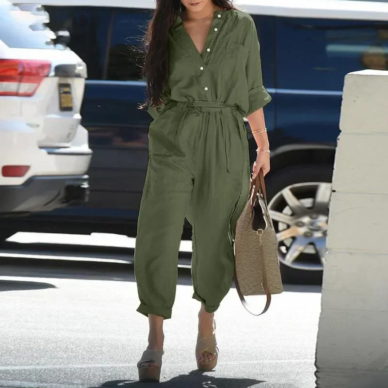 Sommer Casual Baumwolle Leinen Cargo Overall frauen Mode Taste Tasche Revers Frau Strampler Overalls Weibliche