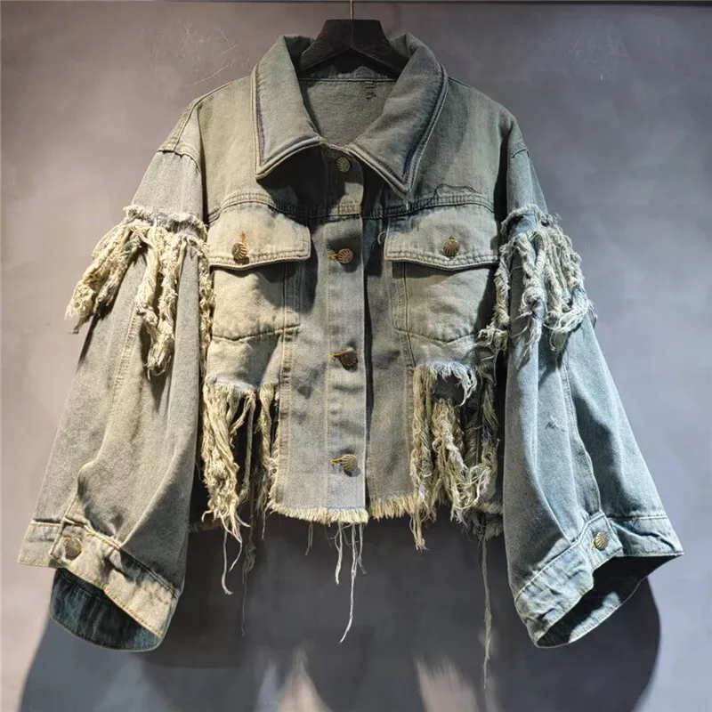 WTHT 2025 Spring Vintage Women's Hole Tassel Edge Denim Coat Fashion Trendy Lapel Long Sleeves Loose Jacket Female 1LS875