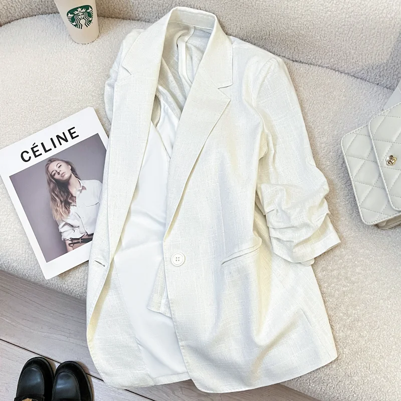

French White Thin Spring Autumn Cropped Sleeve Suit Jacket Women's Leisure Fashion Loose Basic Elegant Commuting Lady Suits