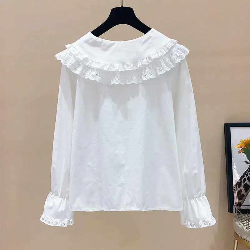 Stylish Lace Doll Neck Base White Thin Shirt for Women\'s New Spring Autumn Sweet Age Reducing Versatile Temperament Elegant Top