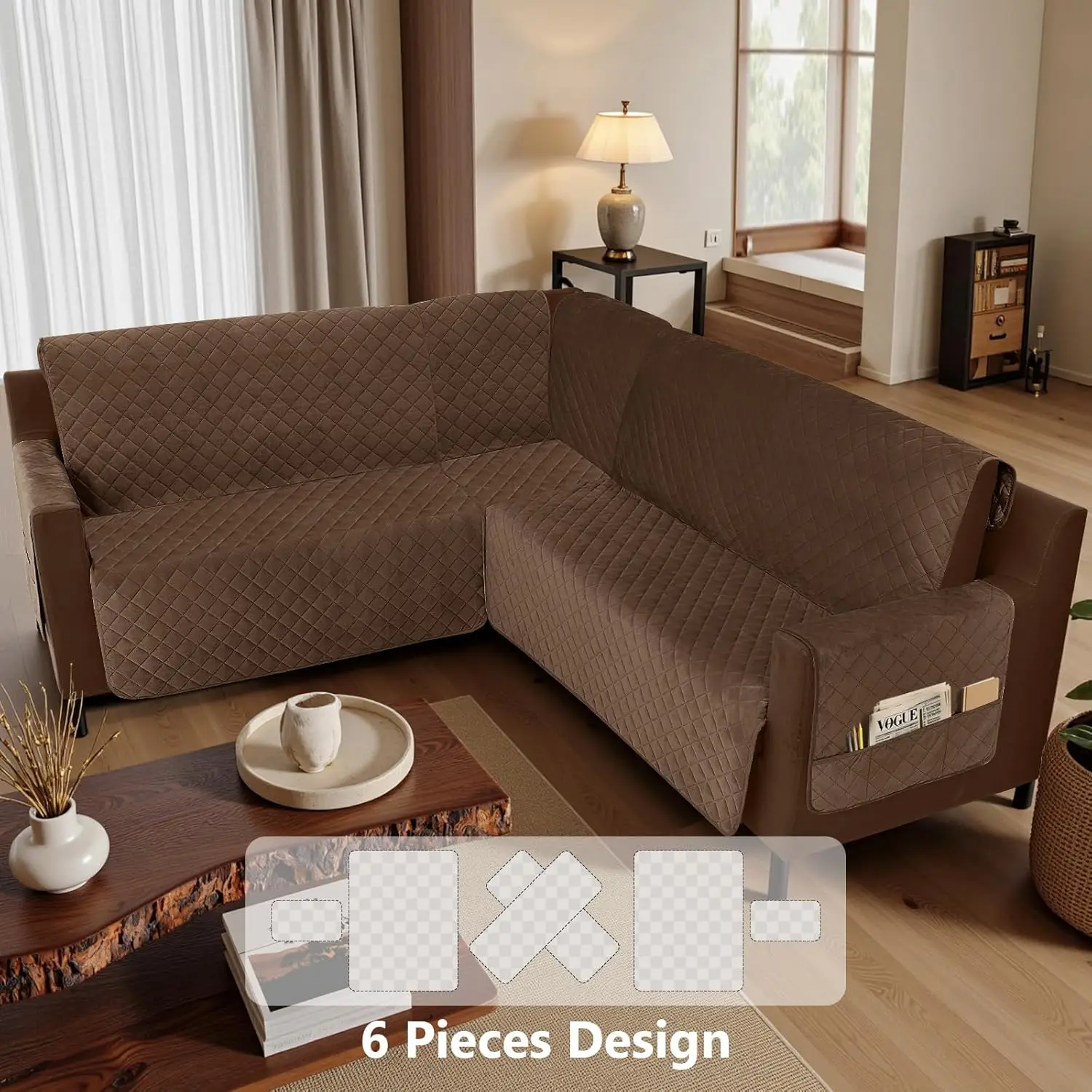 ผ้าคลุมโซฟาเข้ามุมกันน้ำ รูปตัว L รูปตัว U ผ้ากำมะหยี่ 6 ชิ้น ซักได้ ไม่ลื่น ป้องกันโซฟา ขนาด XX-Large สีน้ำตาลเข้ม