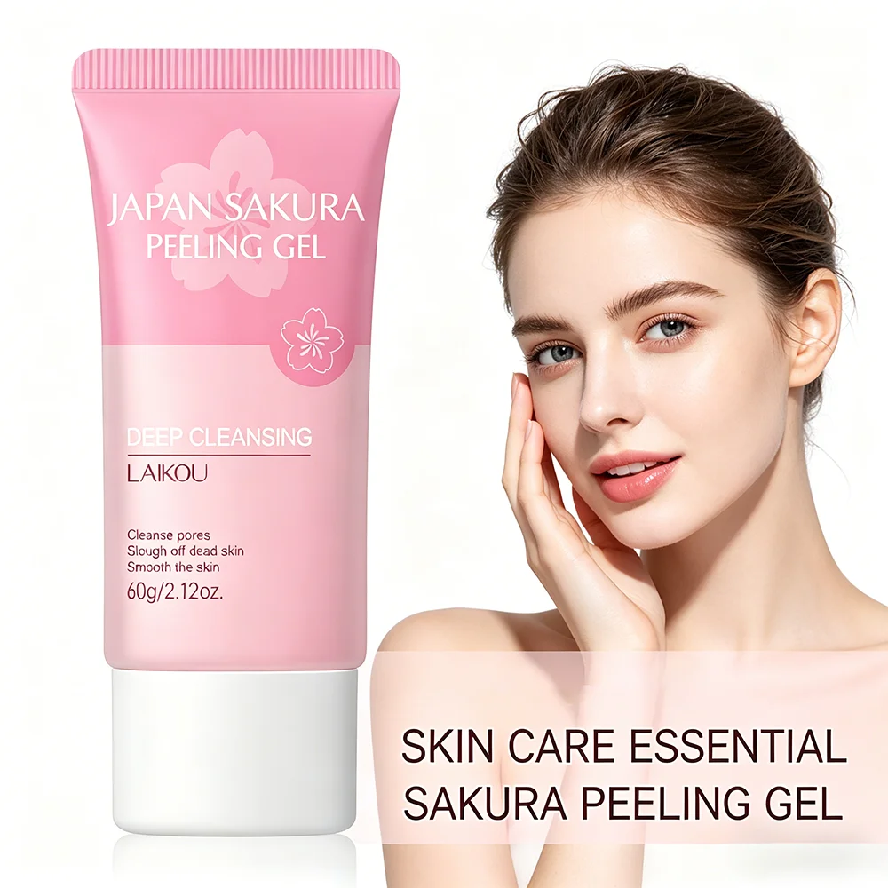 LAIKOU  Sakura Peeling Gel, Deep Cleansing Face Exfoliator, Remove Dead Skin Smooth Skin Gentle Exfoliating Scrub 60g