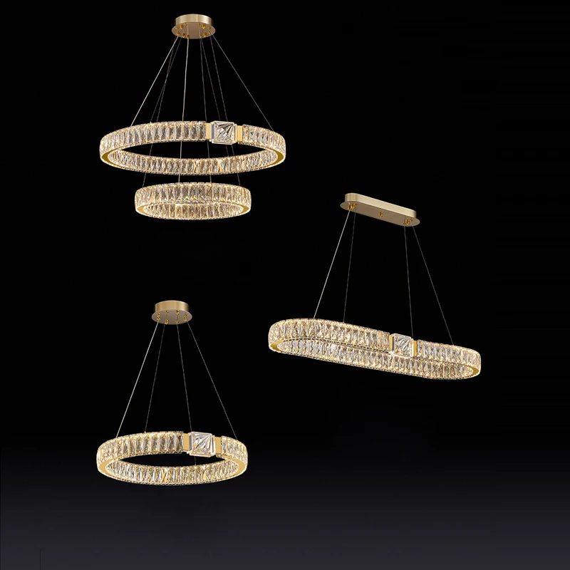 

LED Luxury Gold Ring Crystal Block Hanging Pendant Light, Indoor Living Room Ceiling Dimmable Lighting Becorative Light.