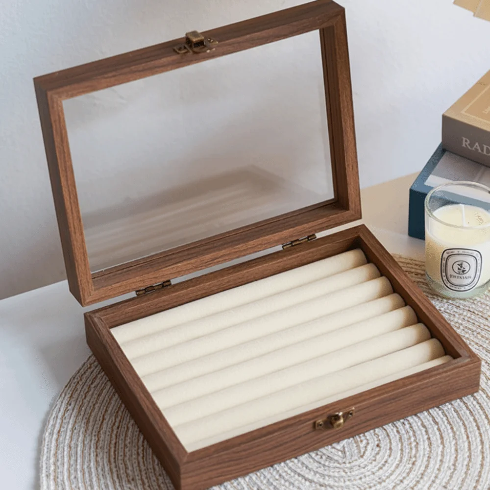 

Retro Elegant Wood Jewelry Box Glass Lid Velvet Jewelry Organizer Storage Box Dust-proof Ring Display Holder Jewelry Storage Box