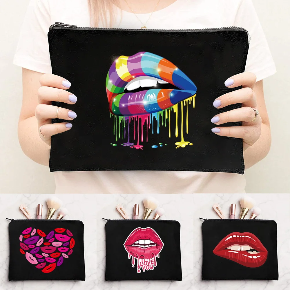 Fashion Cosmetic Bags Black Plain Canvas Zip Pouch With Mouth Print Printed Organizer for Makeup Stationery Keys Phone