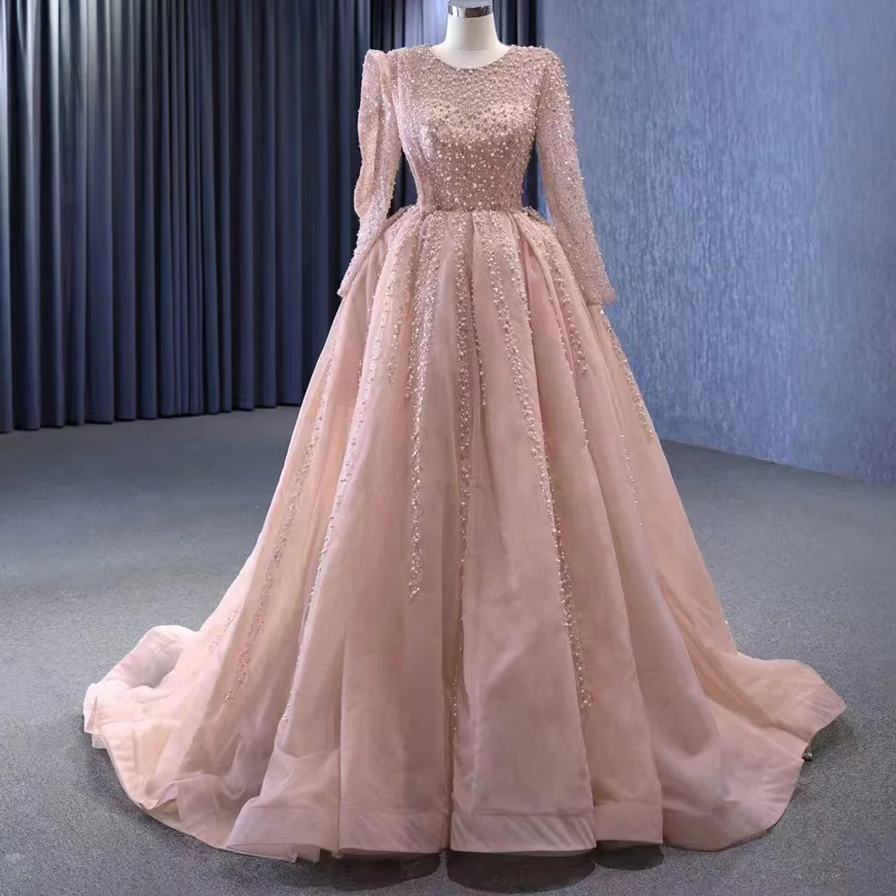 

Элегантное вечернее платье 2026 года с круглым вырезом, длинными рукавами, шнуровкой на спине, жемчугом и пайетками, с возможностью индивидуального пошива