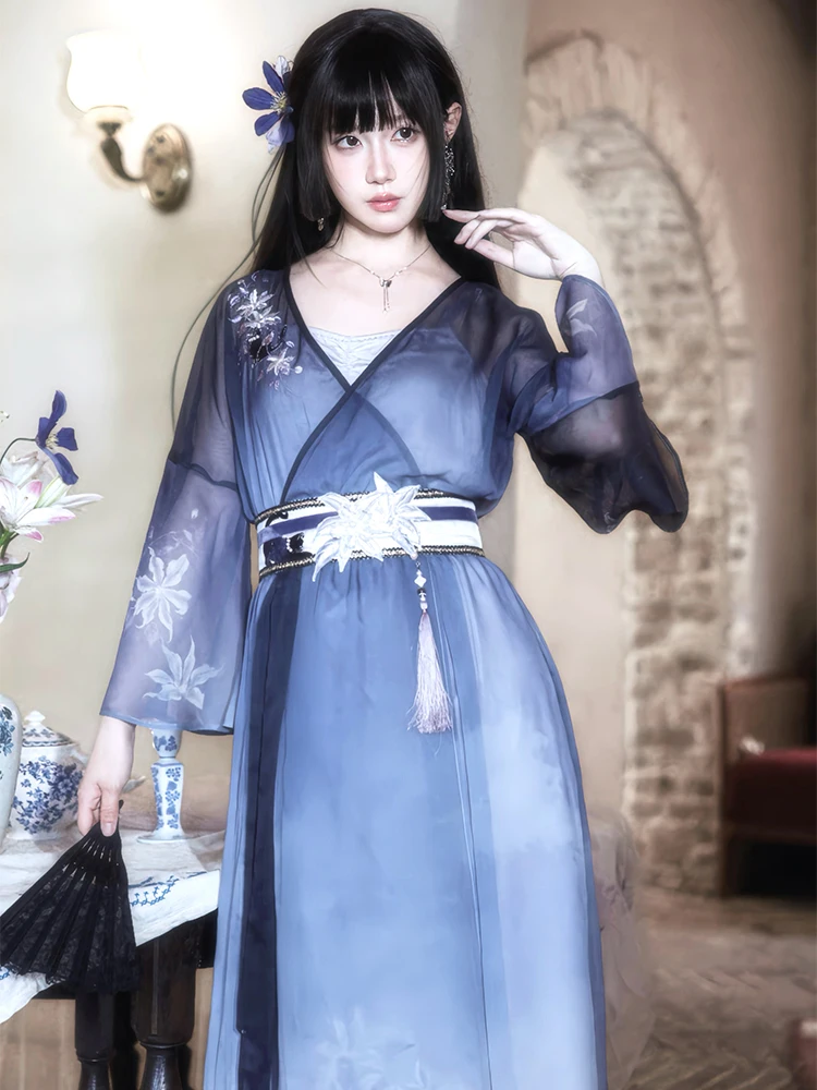 

Chuan Dai Time adient Print k Sle One-Piece Dr Women's Summer Faion Hanfu Inteated Clothing Bla Lotus Beau