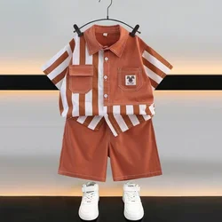 New Boutique Orange Black Striped Suit Summer Cartoon Splice Shirts Shorts 2PCS Kids Suit Baby Boy Korean Fashion Sport Clothes
