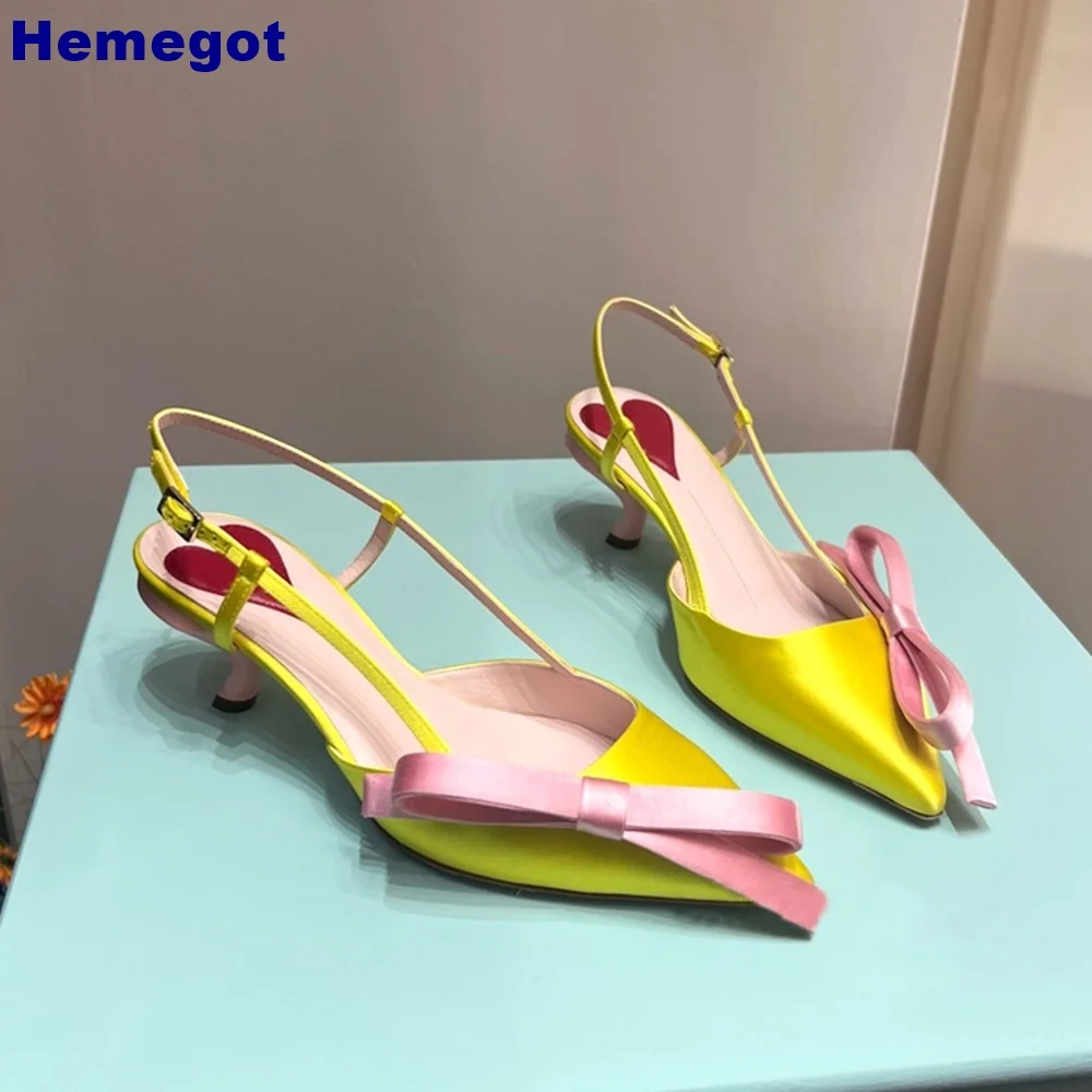 

Pointed Toe Bowknot Satin Sandals 2024 Summer Sweet Party Casual Street Buckle Pumps Fashion Mixed Color Women Stiletto Sandals