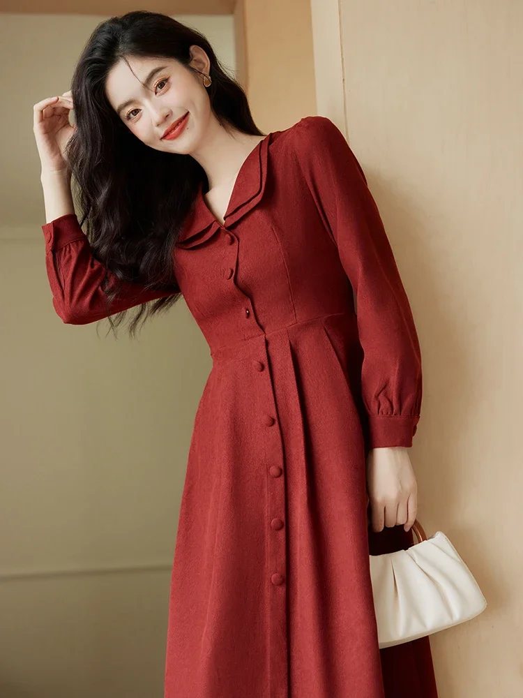 French Style Long Sleeve Dresses for Women\'s Vintage Double Layer Lapel Chic Dress Autumn/Winter Korean Fashion Casual Vestidos