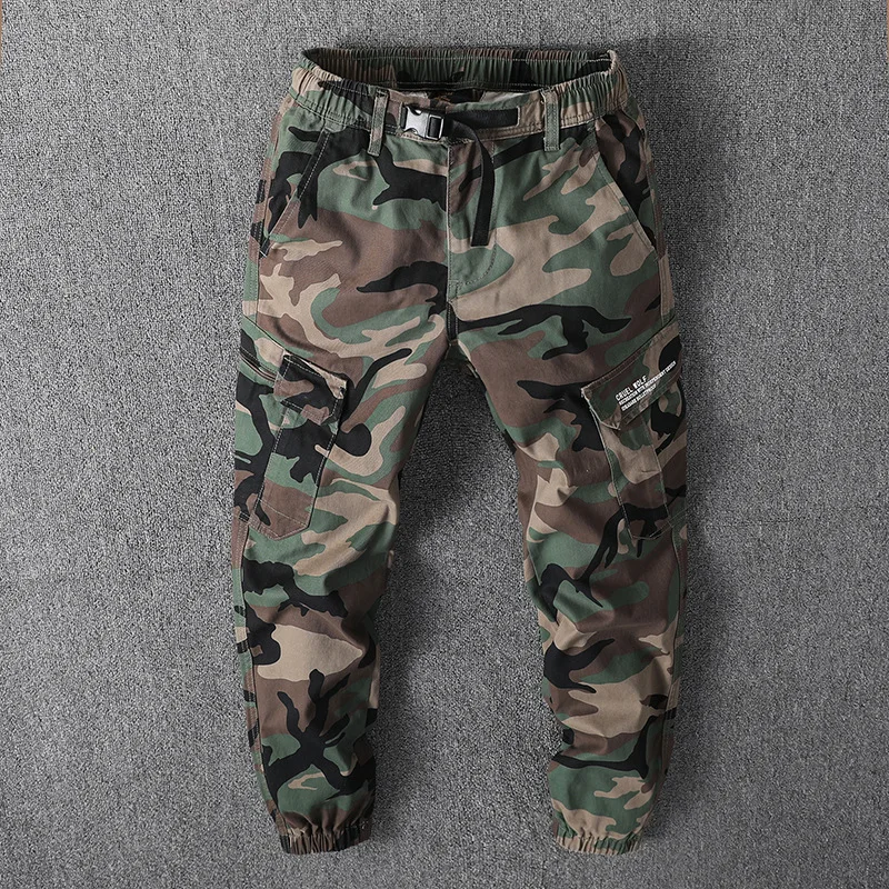 Men's Camouflage Joggers Cargo Pants Men Fashion Multi Pocket Buckle Drawstring Pants Casual Workwear Drawstring Trousers