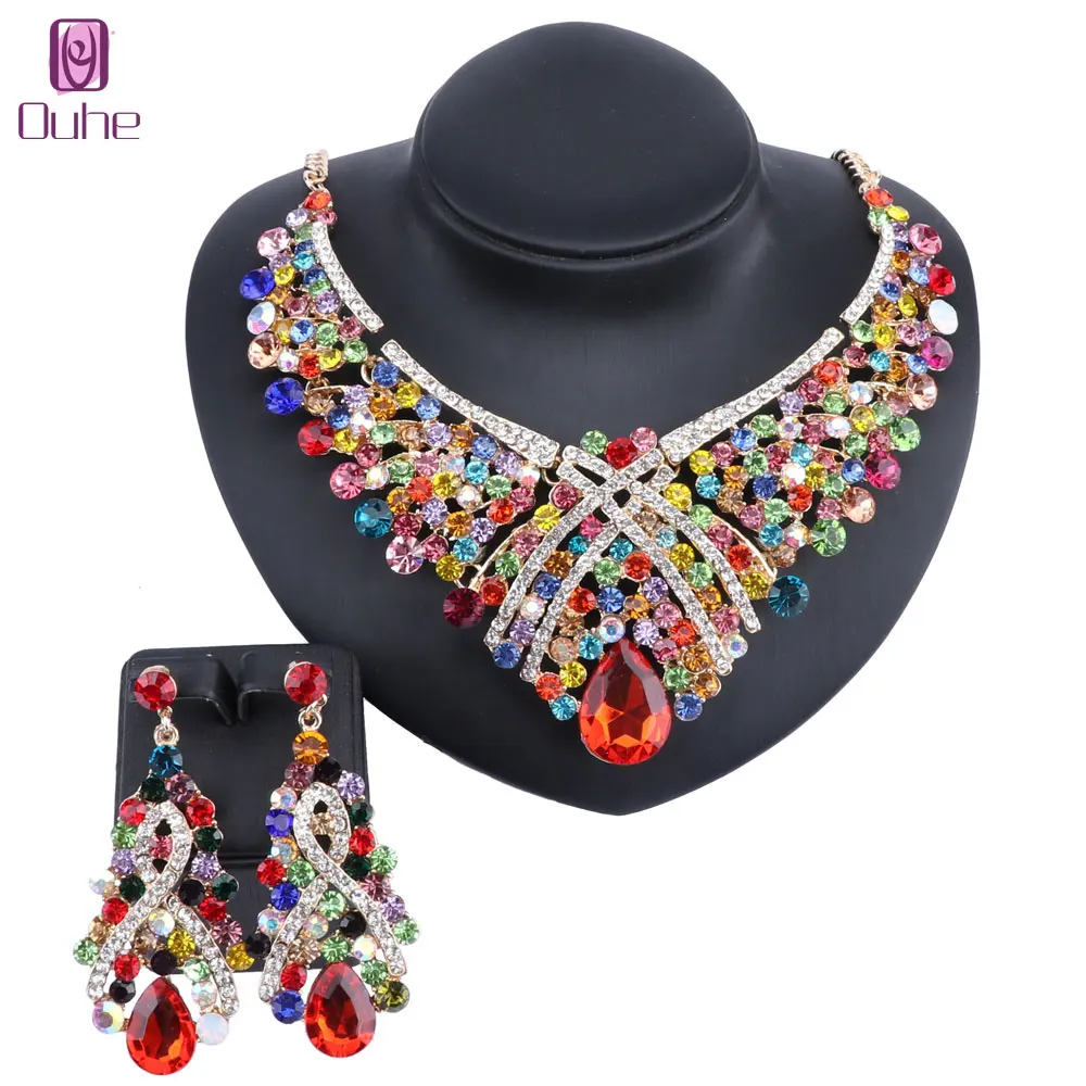 Women's Fashion Crystal Teardrop Hollow Scroll Statement Necklace Earrings Prom Costume Jewelry Set