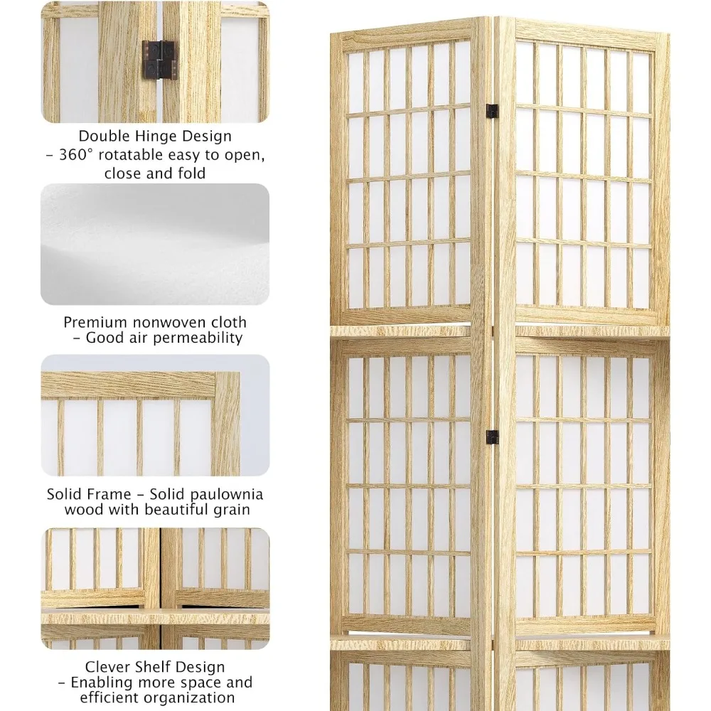 5.6FT Folding Room Divider, Shoji Style 4 Panel Partition with 3 Shelves, Natural