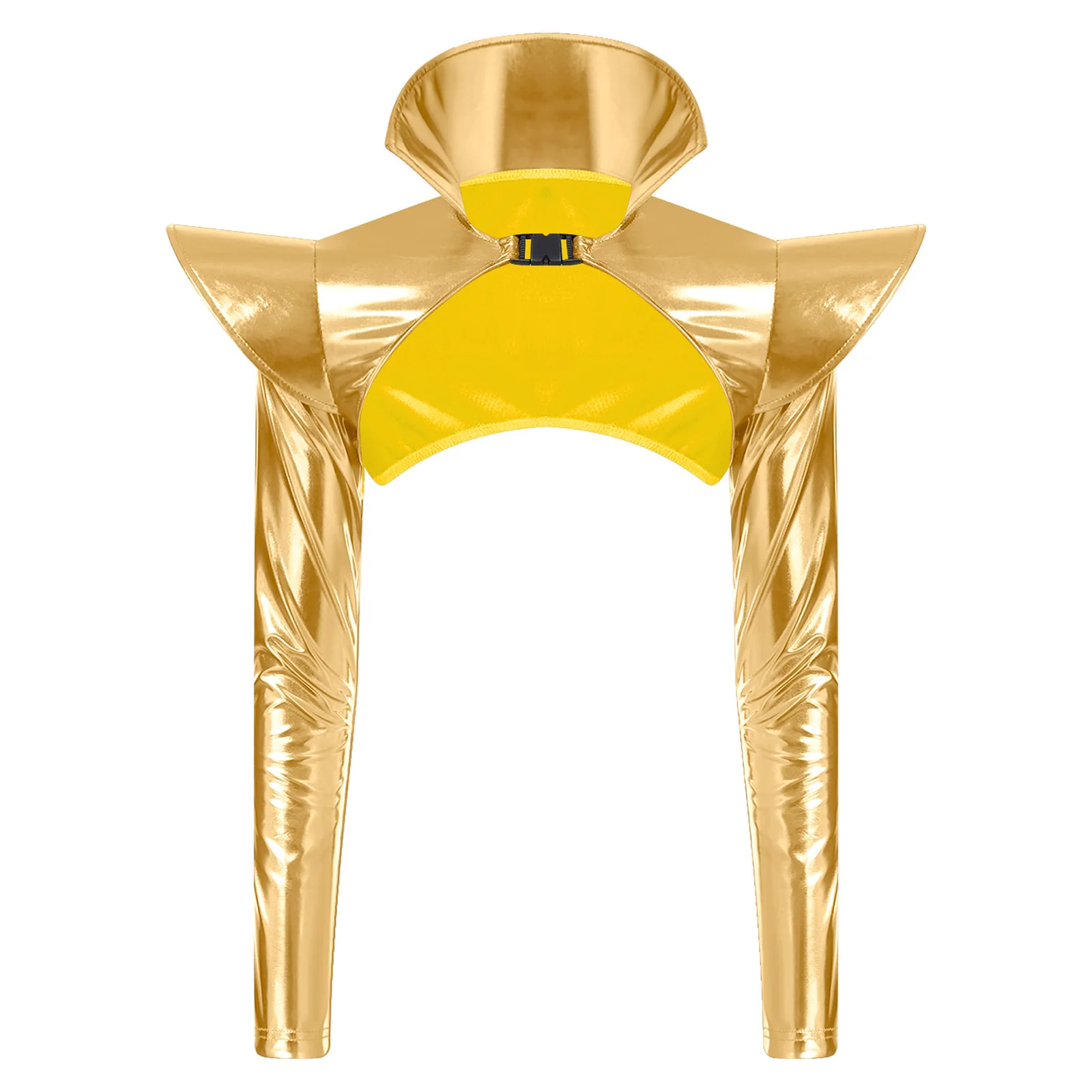 Womens Metallic Shiny Shoulder Armor Crop Top Cape Long Sleeve Structured Epaulets Open Front with Buckle Pauldron Clubwear