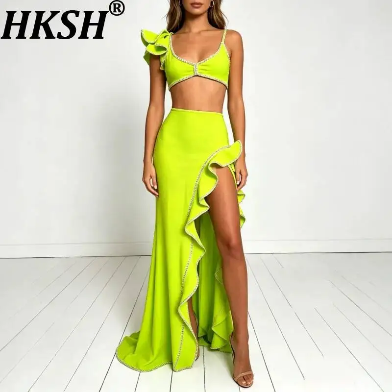HKSH Women Sets Solid Color Fashionable Sexy Slim Fit Strap Vest High-Slit Ruffles Skirt Two-Piece Set Spring Summer New HK25125
