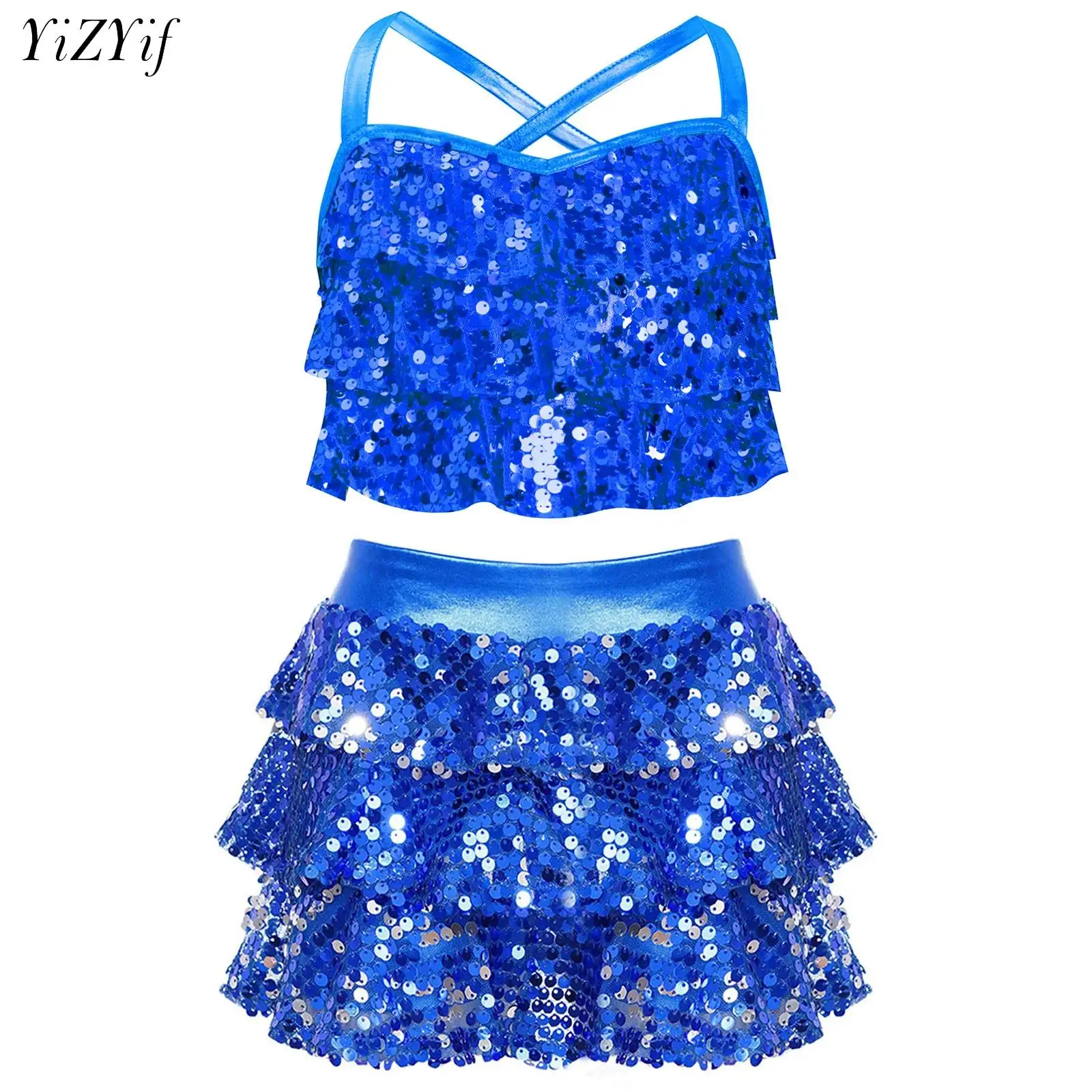 

Kids Girls Hip Hop Jazz Dance Clothes Set Cheerleading Performance Costume Sequins Tiered Ruffles Crop Top with Metallic Skirt