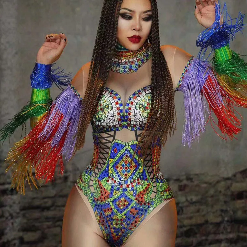 Body brillante con lentejuelas y diamantes de imitación para mujer, trajes de gasa de colores del arco iris, manga larga, flecos, traje de noche