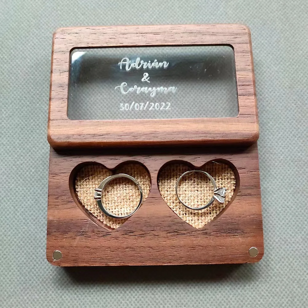 

Personalized Walnut Wood Wedding Ring Box, Wooden Ring Bearer Box, Custom Name Jewelry Holder, Romantic Gift for Her