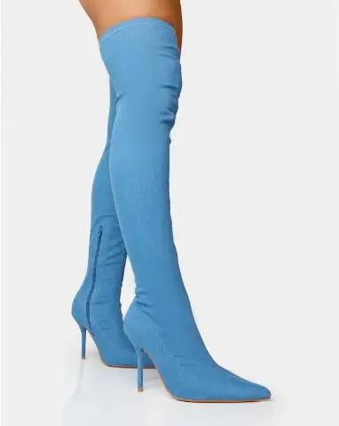 

Drop Shipping Spring Women Light Blue Denim Jeans Pointed Toe Slim Thin Heels Over The Knee Thigh Long Boots Shoes Lady Size 42