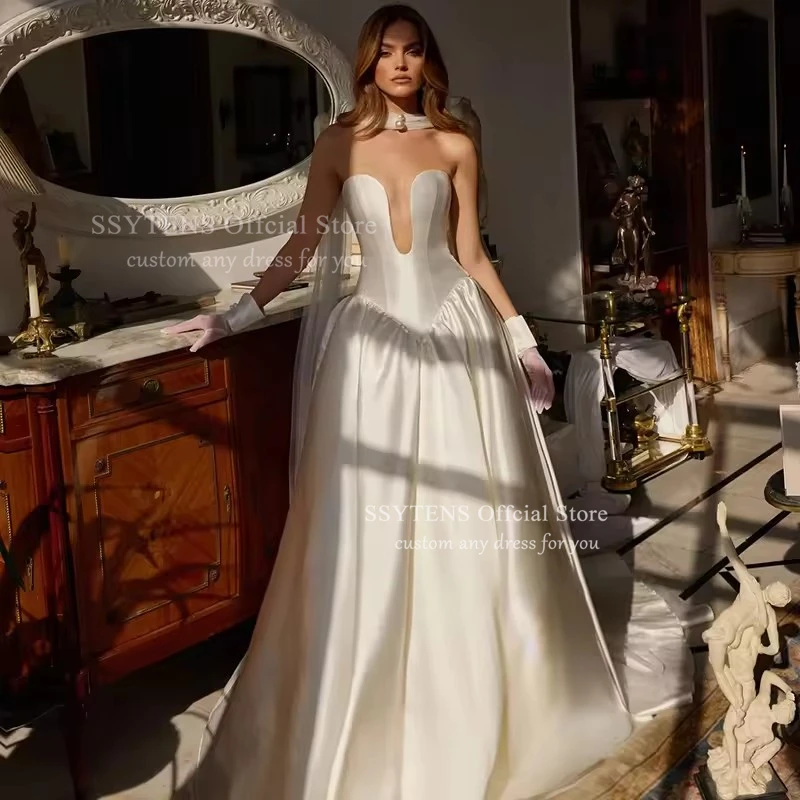 Suknie ślubne SSYTENS dla białych kobiet, dekolt w serduszko, bez rękawów, satynowe suknie ślubne plażowe, suknie balowe księżniczki, suknie na studniówkę, szyte na miarę
