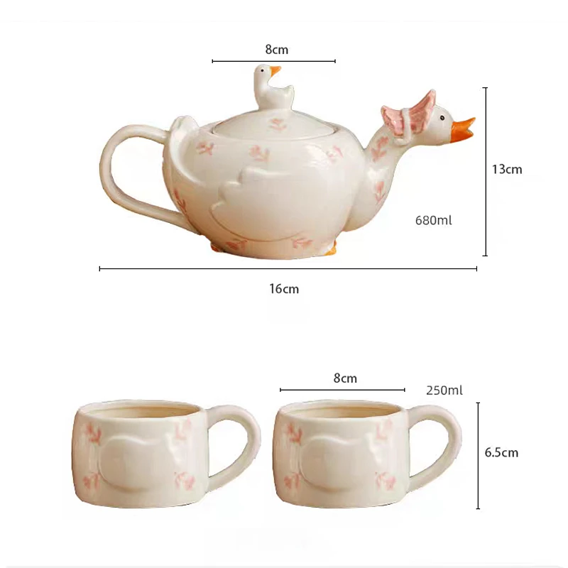 Kawaii Duck Ceramic Tea Set - Tea for Two Teapot and 2 Tea Mugs Afternoon Cup Kettle with Drain Hole Microwave Safe