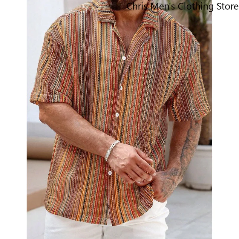 

Гавайская мужская рубашка, лето 2025 года, полосатая сексуальная пляжная рубашка с короткими рукавами и вырезом, модная мужская одежда для отпуска и ночных клубов